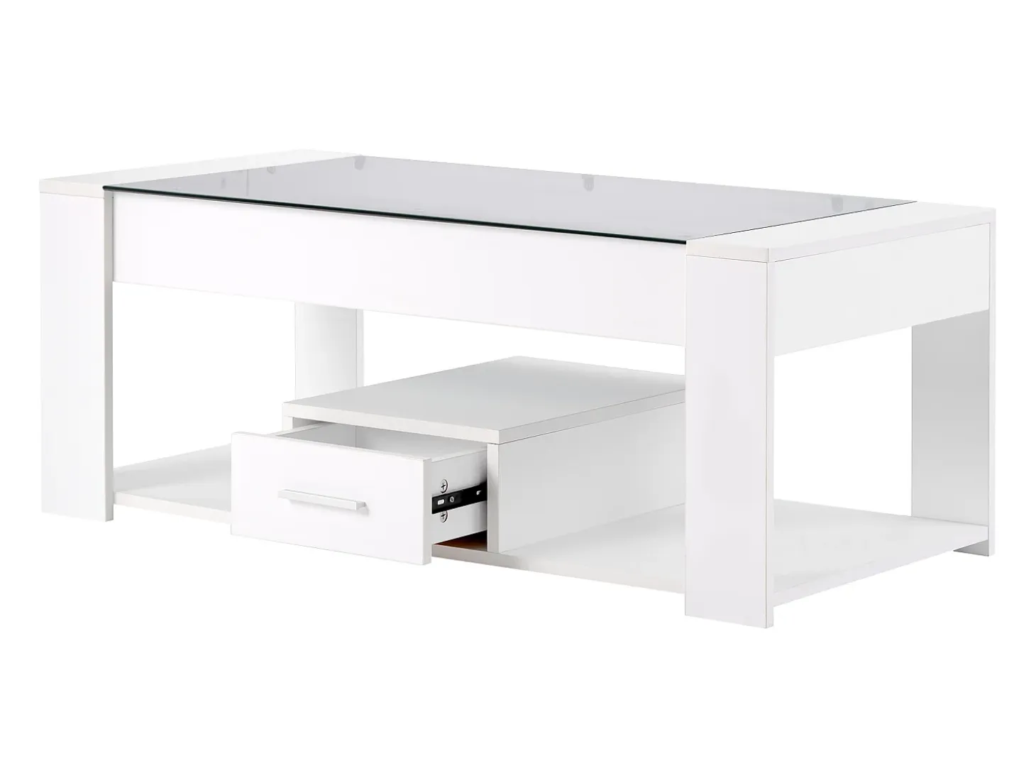 Mesa de centro moderna con cristal, almacenaje y cajones, aglomerado, blanco (100x50x40 cm)