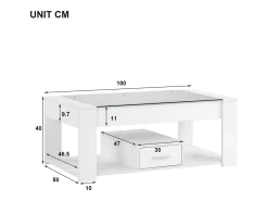 Mesa de centro moderna con cristal, almacenaje y cajones, aglomerado, blanco (100x50x40 cm)