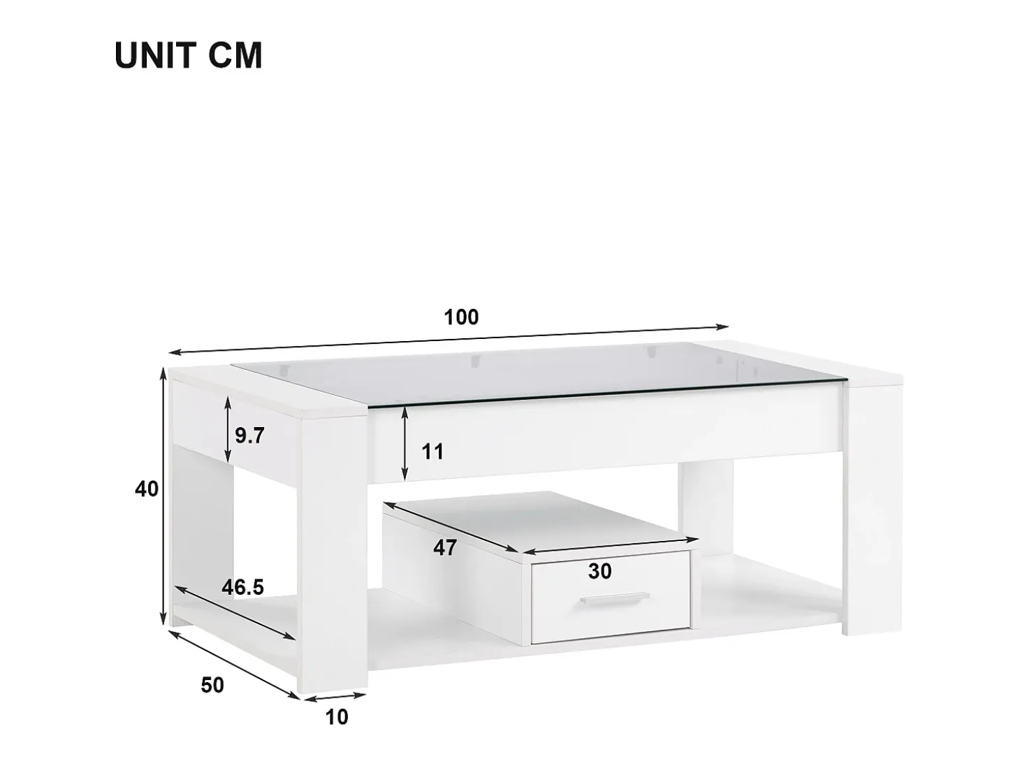 Mesa de centro moderna con cristal, almacenaje y cajones, aglomerado, blanco (100x50x40 cm)