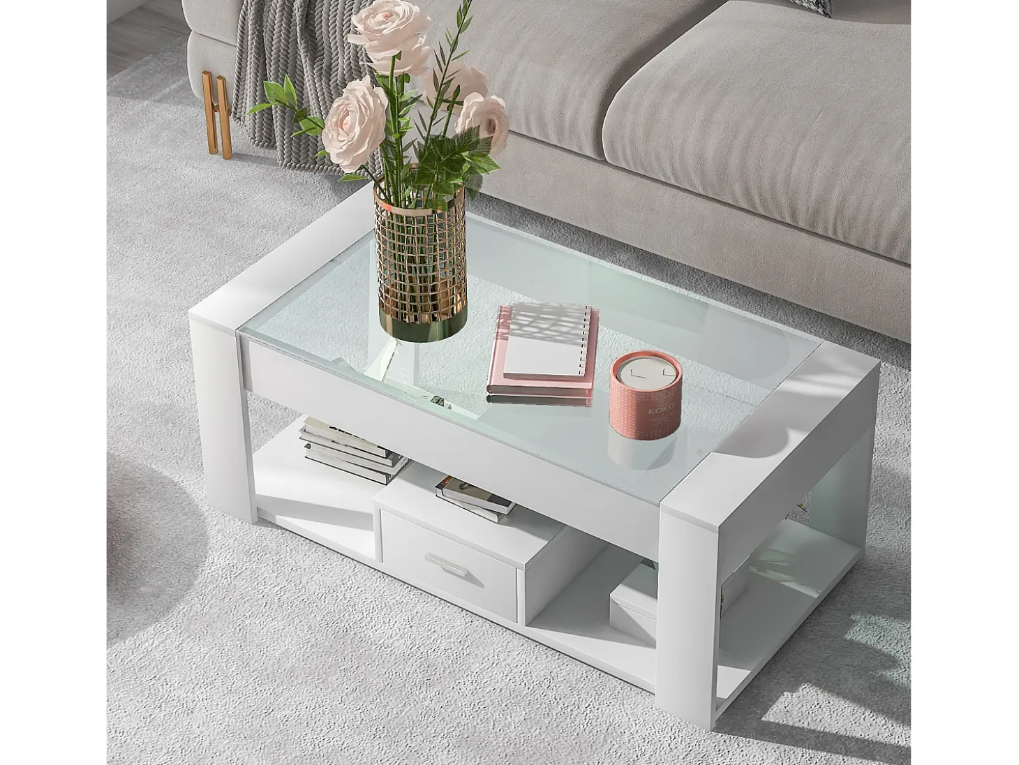 Mesa de centro moderna con cristal, almacenaje y cajones, aglomerado, blanco (100x50x40 cm)