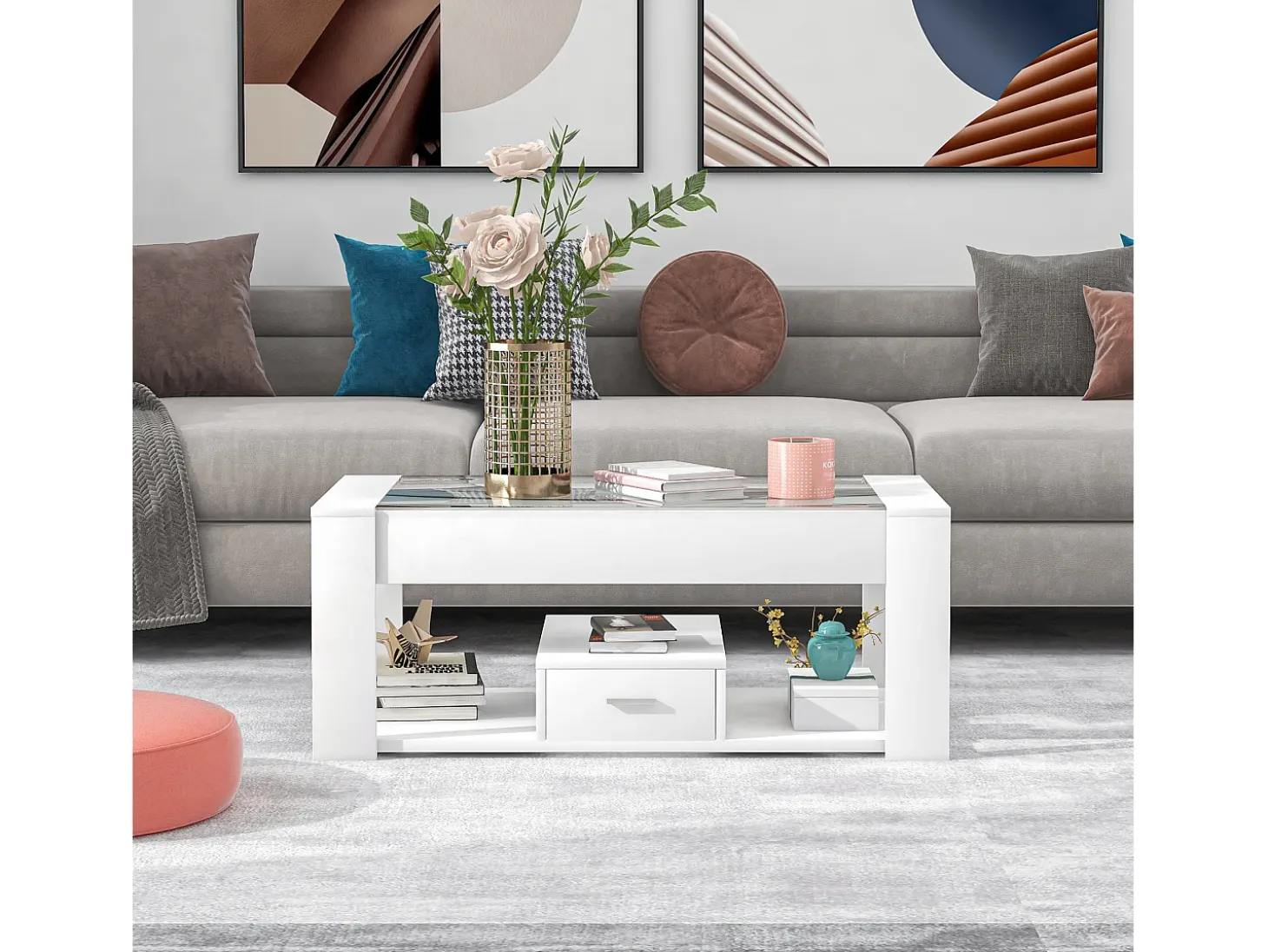 Mesa de centro moderna con cristal, almacenaje y cajones, aglomerado, blanco (100x50x40 cm)