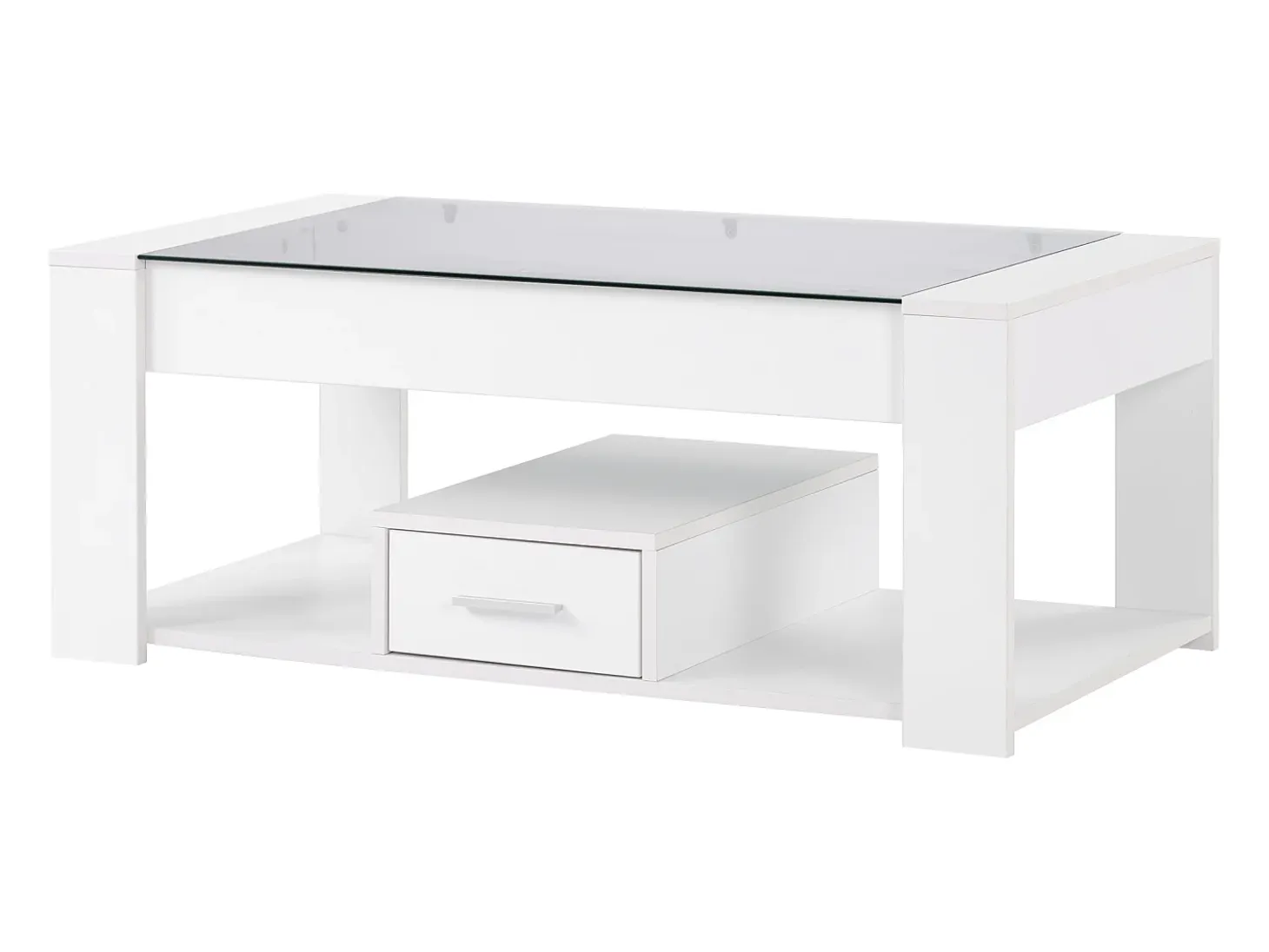 Mesa de centro moderna con cristal, almacenaje y cajones, aglomerado, blanco (100x50x40 cm)