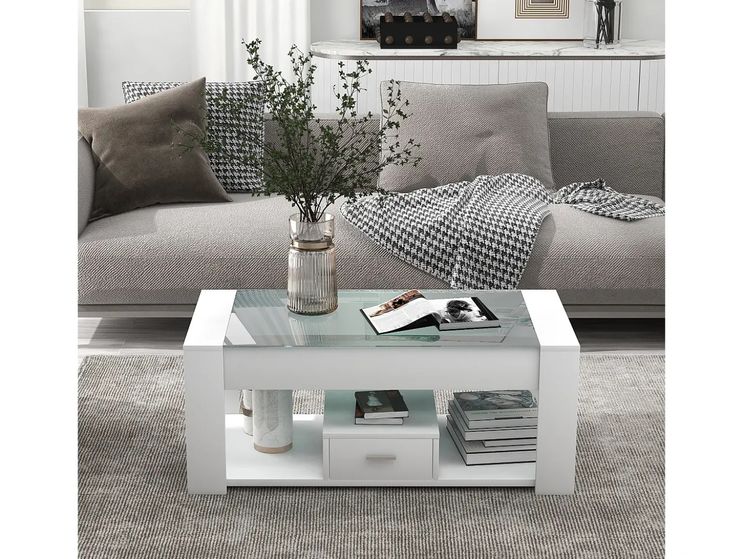 Mesa de centro moderna con cristal, almacenaje y cajones, aglomerado, blanco (100x50x40 cm)
