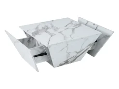 Mesa de centro moderna con 2 cajones en chapa de mármol blanco, forma trapezoidal