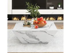 Mesa de centro moderna con 2 cajones en chapa de mármol blanco, forma trapezoidal