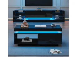 Mesa de centro moderna con 1 puerta y 1 compartimento abierto - 100 x 50 x 40,3 cm - LED - Tablero de partículas - Negro brillante