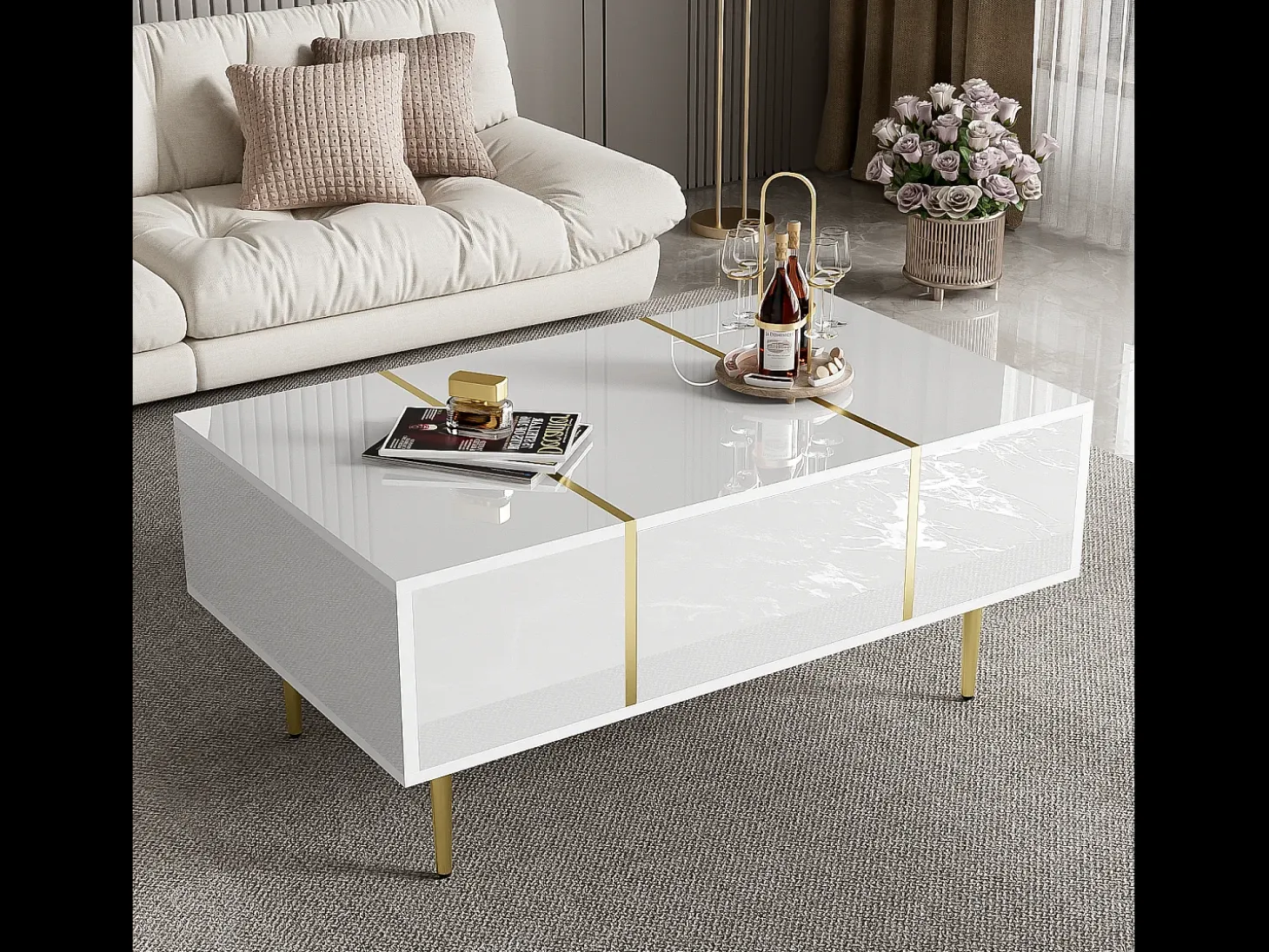 Mesa de centro moderna con 2 cajones - 100 L x 60 W x 41,5 H cm - Madera MDF - Blanco brillante