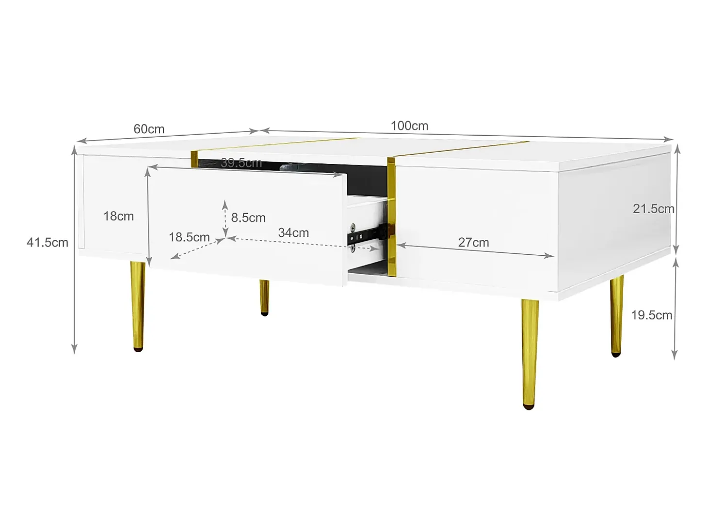 Mesa de centro moderna con 2 cajones - 100 L x 60 W x 41,5 H cm - Madera MDF - Blanco brillante