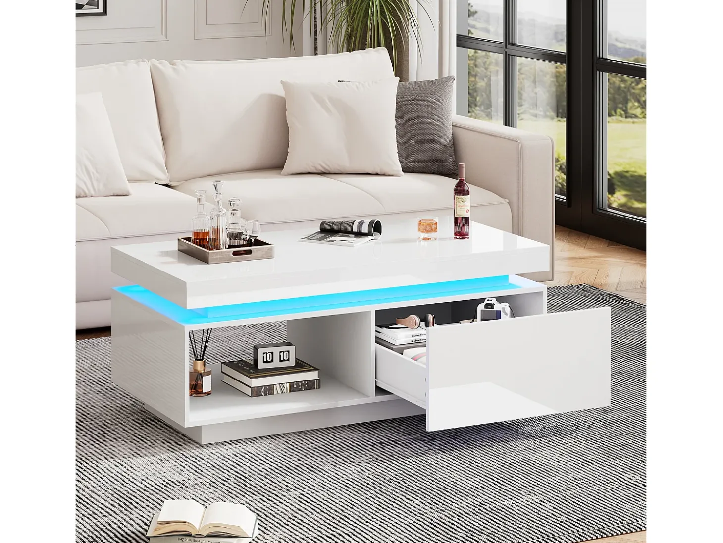 Mesa de centro moderna con 1 puerta y 1 compartimento abierto - 100 x 50 x 40,3 cm - LED - Tablero de partículas - Blanco brillante