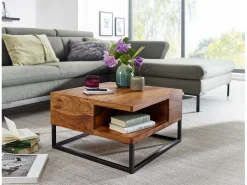 Mesa de Centro Moderna Cuadrada 60x60x34,5 cm Madera Maciza de Sheesham y Metal | Mesa Auxiliar con Estante inferior para Salón | Mesita Café Pequeña para Sofá