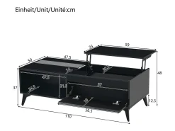 Mesa de centro moderna elevable 110x50x48 cm - con compartimento de almacenamiento - Estantes abiertos - Negro