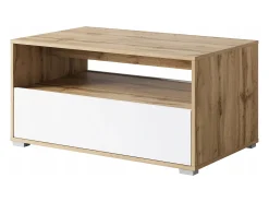 Mesa de centro moderna rectangular con estante y compartimento, 90 cm, roble wotan, blanco mate