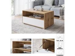 Mesa de centro moderna rectangular con estante y compartimento, 90 cm, roble wotan, blanco mate