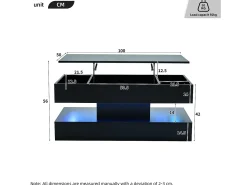 Mesa de centro moderna 100x50x42 cm - con iluminación LED - almacenamiento oculto - elevador hidráulico - negro