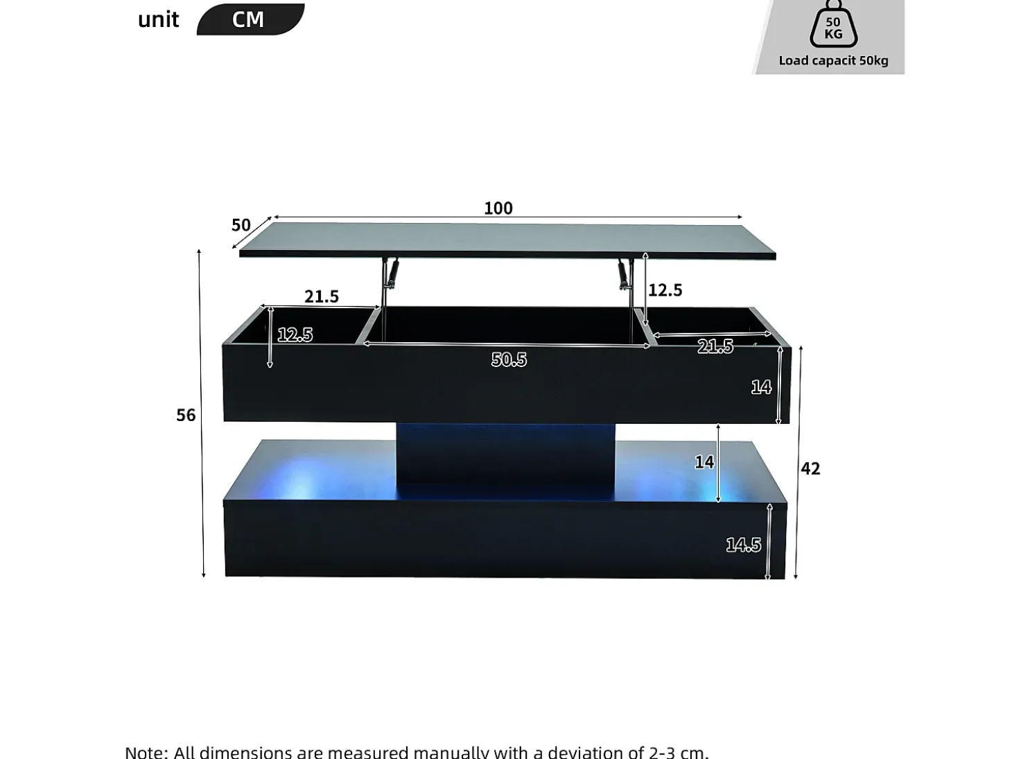 Mesa de centro moderna 100x50x42 cm - con iluminación LED - almacenamiento oculto - elevador hidráulico - negro
