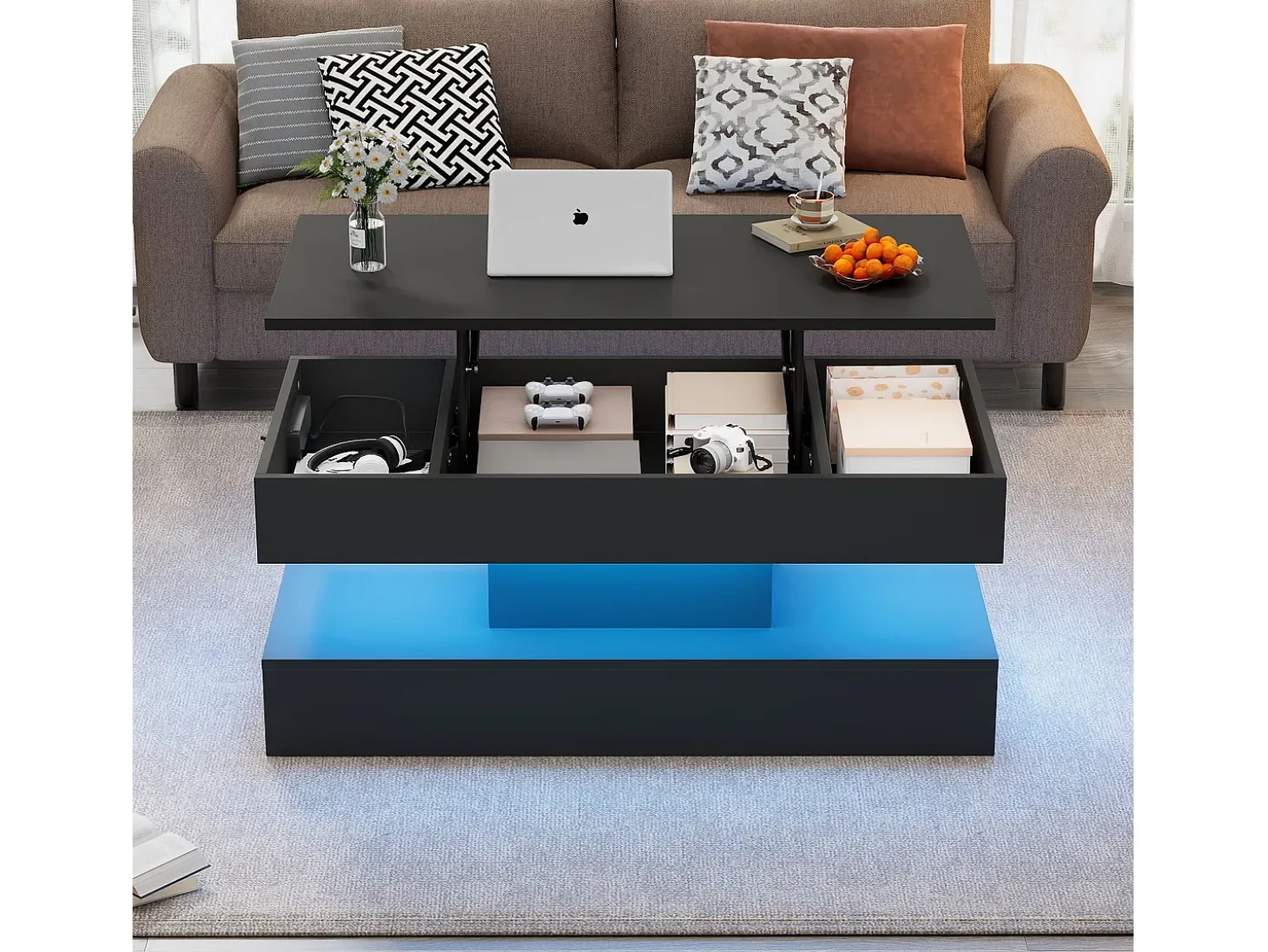 Mesa de centro moderna 100x50x42 cm - con iluminación LED - almacenamiento oculto - elevador hidráulico - negro