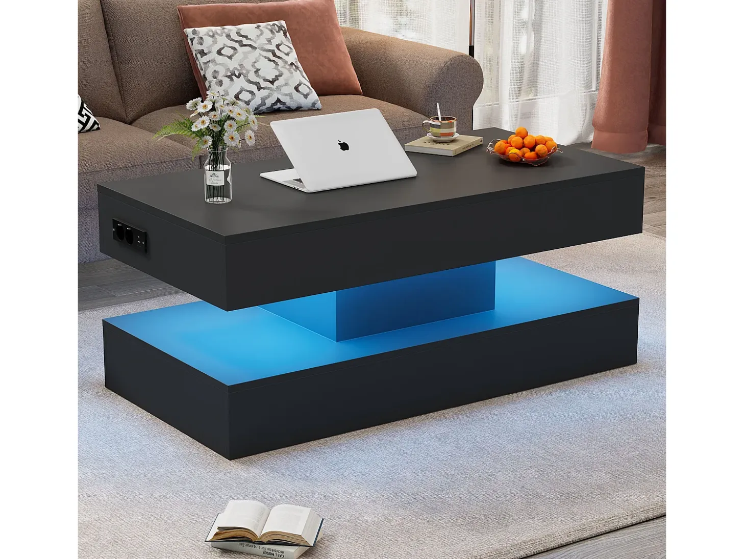 Mesa de centro moderna 100x50x42 cm - con iluminación LED - almacenamiento oculto - elevador hidráulico - negro