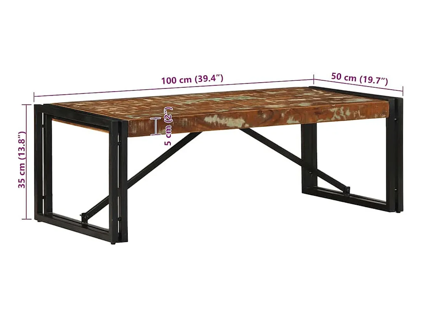 Mesa de centro multicolor 100x50x35 cm madera maciza reciclada