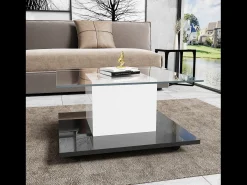 Mesa de centro móvil con ruedas giratorias - 80 x 80 x 40 cm - Vidrio y tableros de partículas - LED - Blanco y negro