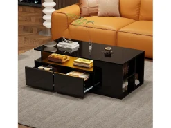 Mesa de centro negra - Mesa de centro con iluminación LED y 2 cajones - Almacenamiento abierto