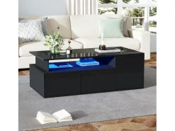 Mesa de centro negra - Mesa de centro con iluminación LED y 2 cajones - Almacenamiento abierto