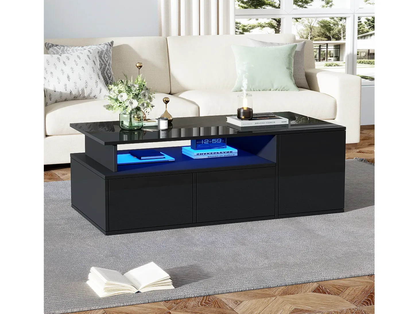 Mesa de centro negra - Mesa de centro con iluminación LED y 2 cajones - Almacenamiento abierto