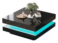 Mesa de centro negra, cuadrada con iluminación LED, diseño moderno - para salón y oficina