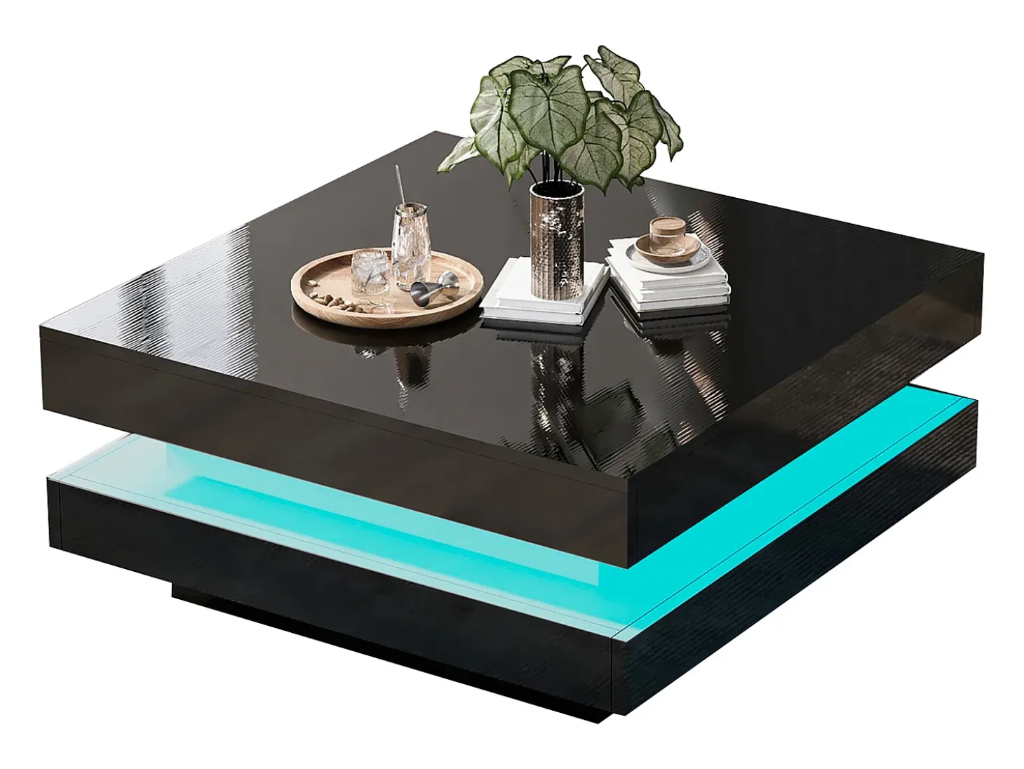 Mesa de centro negra, cuadrada con iluminación LED, diseño moderno - para salón y oficina