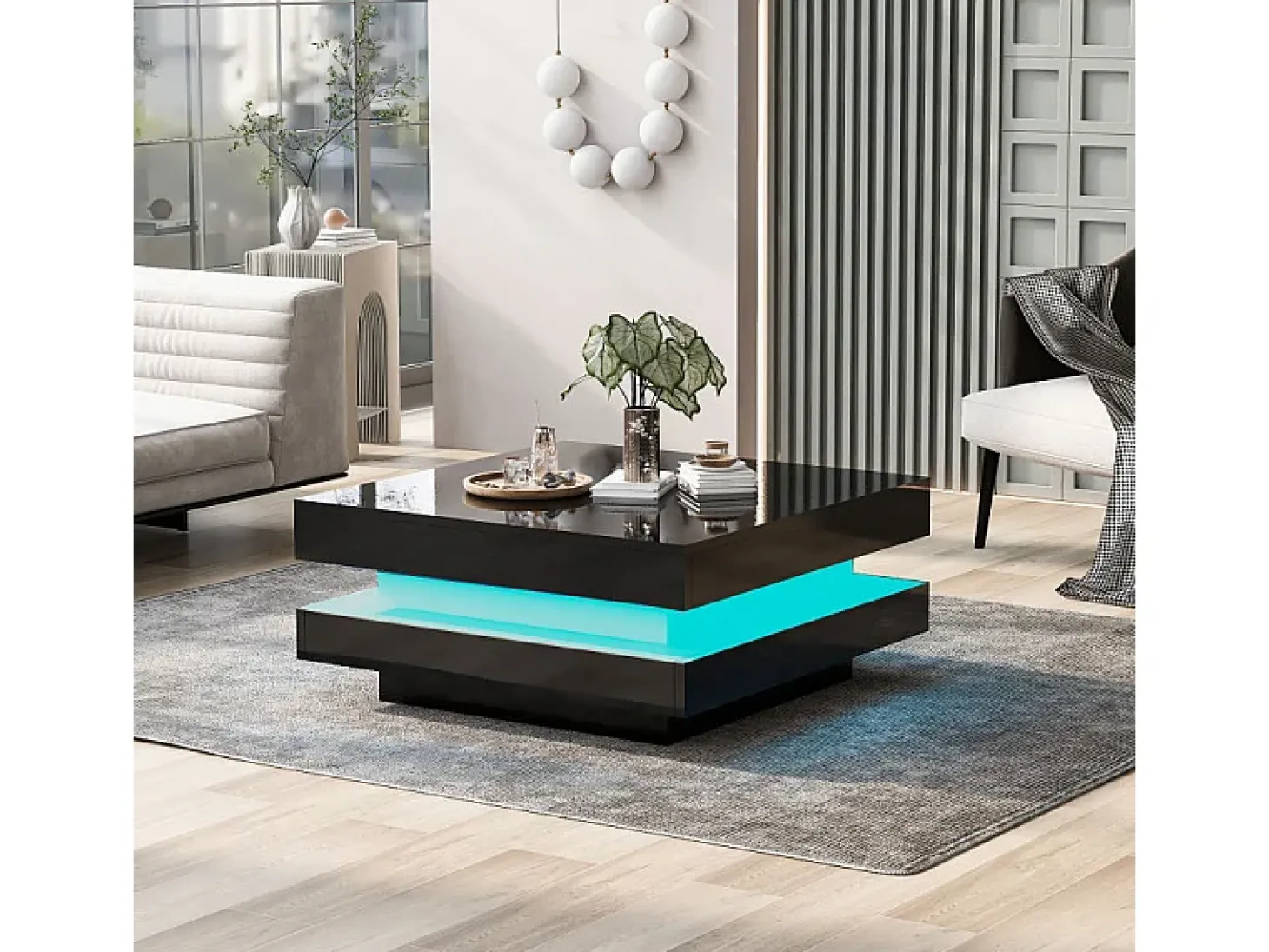 Mesa de centro negra, cuadrada con iluminación LED, diseño moderno - para salón y oficina