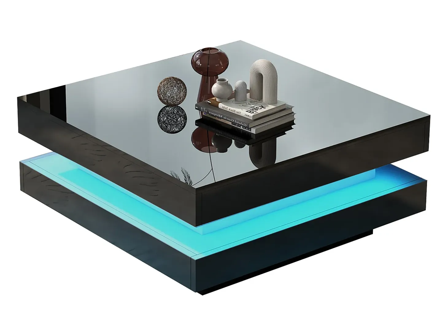 Mesa de centro negra, cuadrada con iluminación LED, diseño moderno - para salón y oficina
