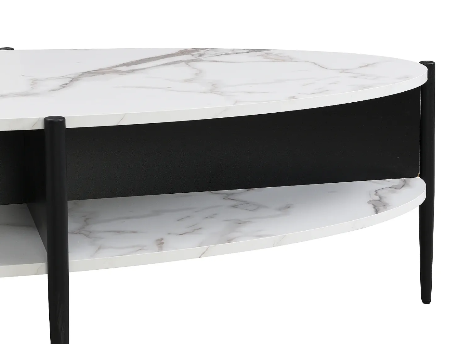 Mesa de centro ovalada con 4 estantes de MDF y metal - Efecto mármol blanco y negro - EVARO
