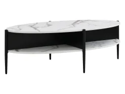 Mesa de centro ovalada con 4 estantes de MDF y metal - Efecto mármol blanco y negro - EVARO