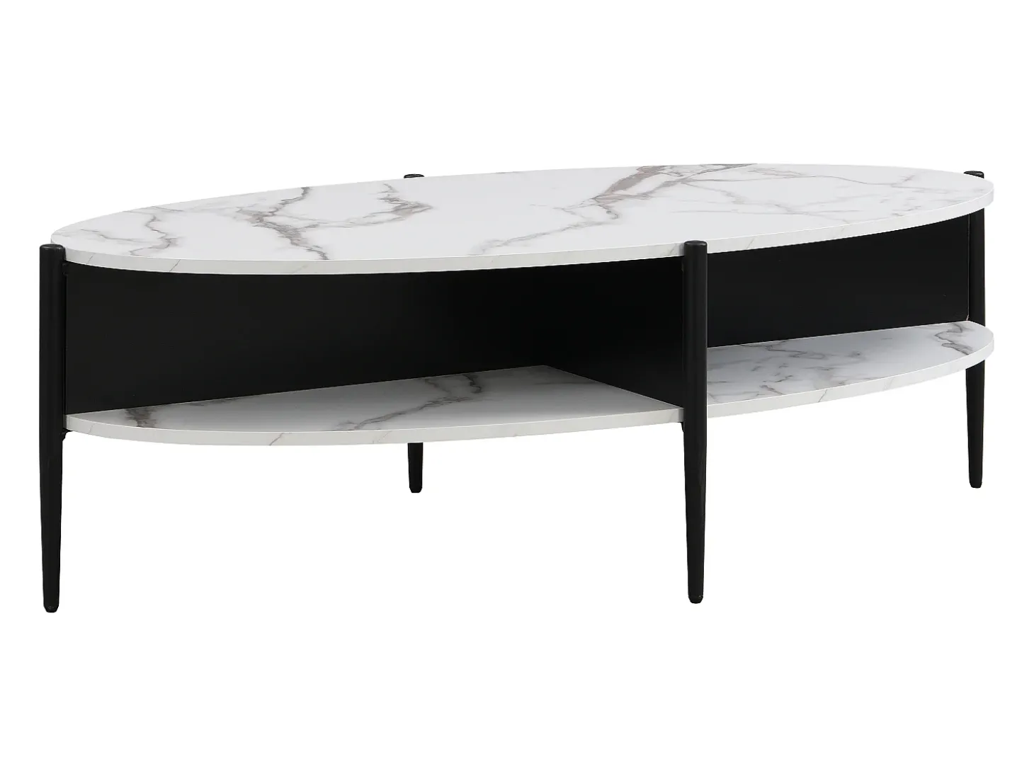 Mesa de centro ovalada con 4 estantes de MDF y metal - Efecto mármol blanco y negro - EVARO