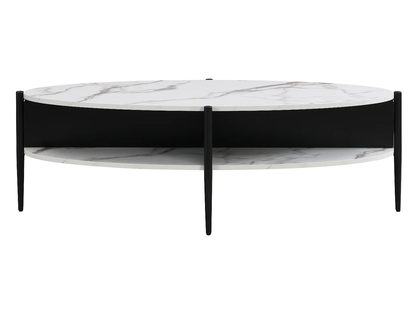 Mesa de centro ovalada con 4 estantes de MDF y metal - Efecto mármol blanco y negro - EVARO