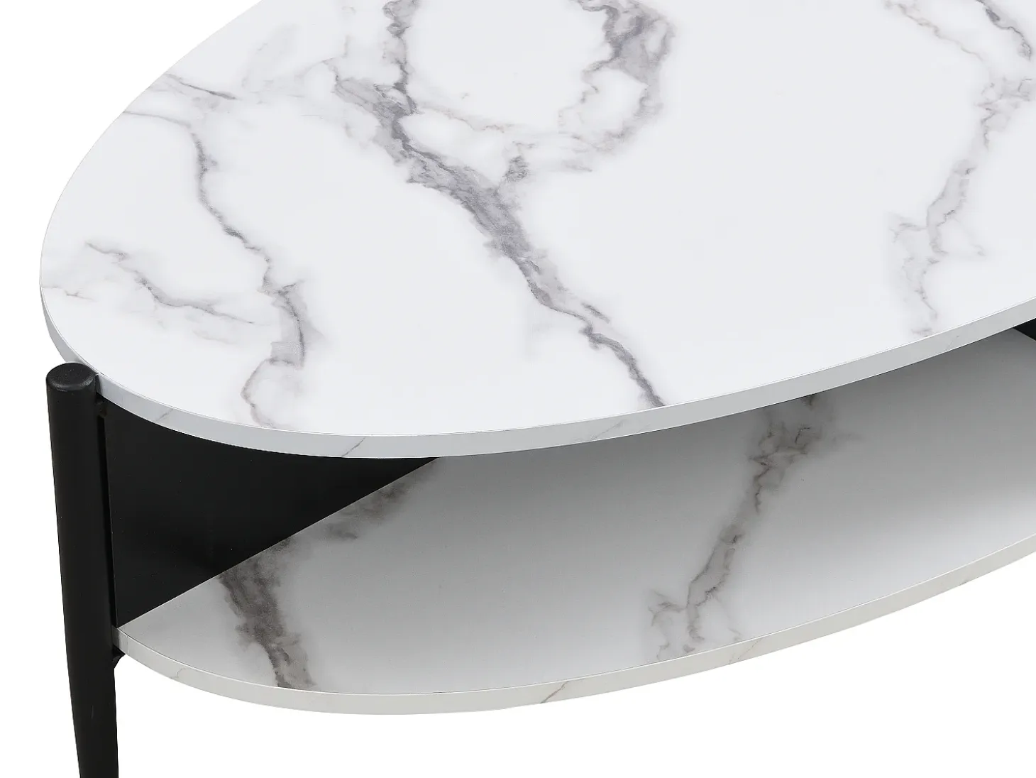 Mesa de centro ovalada con 4 estantes de MDF y metal - Efecto mármol blanco y negro - EVARO