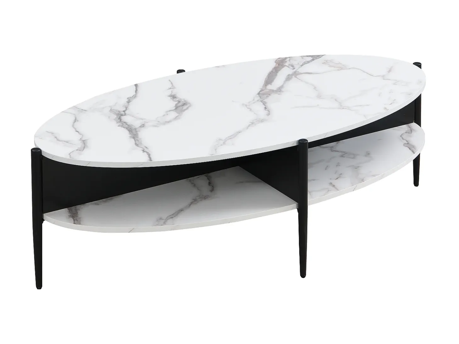 Mesa de centro ovalada con 4 estantes de MDF y metal - Efecto mármol blanco y negro - EVARO