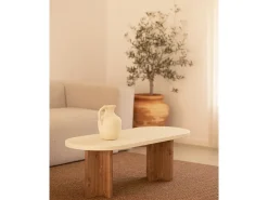 Mesa de centro ovalada de microcemento Decowood color blanco roto y patas de madera en color roble oscuro de 120x40cm - TOKYO - DECOWOOD