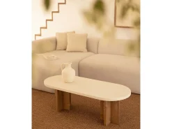Mesa de centro ovalada de microcemento Decowood color blanco roto y patas de madera en color roble oscuro de 120x40cm - TOKYO - DECOWOOD