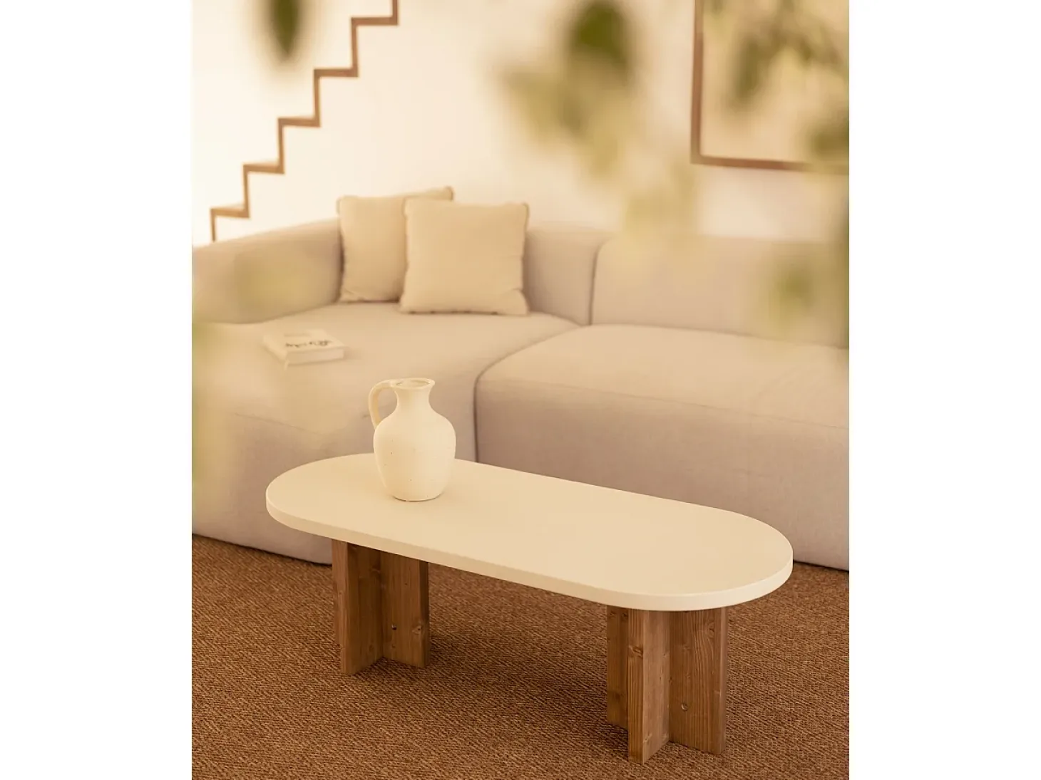Mesa de centro ovalada de microcemento Decowood color blanco roto y patas de madera en color roble oscuro de 120x40cm - TOKYO - DECOWOOD