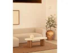 Mesa de centro ovalada de microcemento Decowood color blanco roto y patas de madera en color roble oscuro de 120x40cm - TOKYO - DECOWOOD