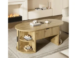 Mesa de centro ovalada elevable 100x50x40,5 cm - Estantes abiertos y almacenamiento oculto - 2 puertas correderas - MDF - Natural