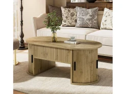 Mesa de centro ovalada elevable 100x50x40,5 cm - Estantes abiertos y almacenamiento oculto - 2 puertas correderas - MDF - Natural