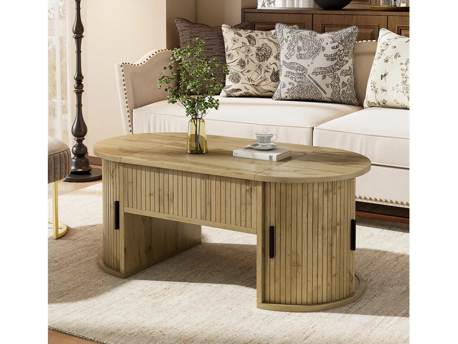 Mesa de centro ovalada elevable 100x50x40,5 cm - Estantes abiertos y almacenamiento oculto - 2 puertas correderas - MDF - Natural