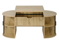 Mesa de centro ovalada elevable 100x50x40,5 cm - Estantes abiertos y almacenamiento oculto - 2 puertas correderas - MDF - Natural
