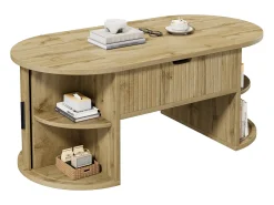 Mesa de centro ovalada elevable 100x50x40,5 cm - Estantes abiertos y almacenamiento oculto - 2 puertas correderas - MDF - Natural