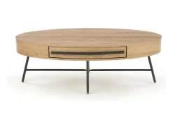 Mesa de centro ovalada 120x60 con cajón aspecto roble dorado y base de metal negro HYDRA