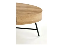 Mesa de centro ovalada 120x60 con cajón aspecto roble dorado y base de metal negro HYDRA