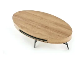Mesa de centro ovalada 120x60 con cajón aspecto roble dorado y base de metal negro HYDRA