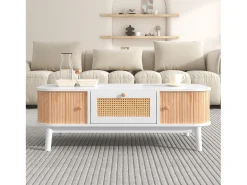 Mesa de centro para salón - decorada con ratán y madera maciza - estilo rústico - blanca