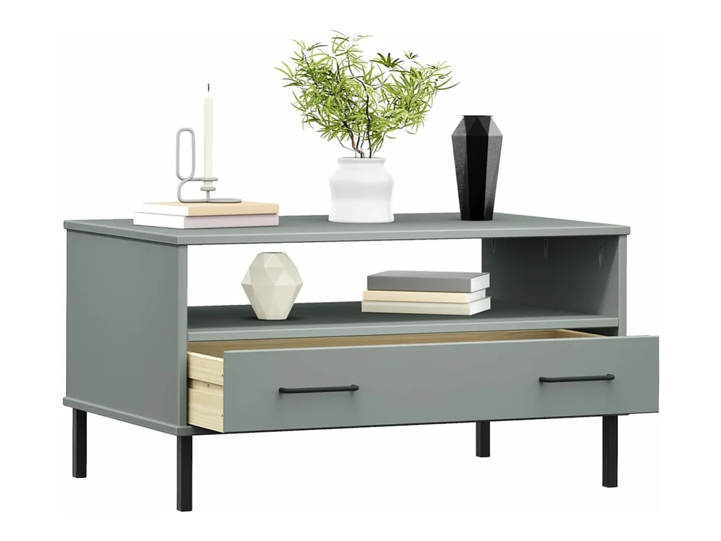 Mesa de centro patas metal OSLO madera maciza gris 85x50x45 cm